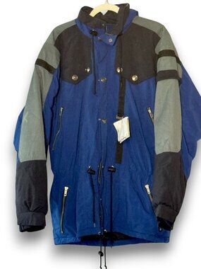 Vintage Ossi Skiwear Mens XL Blue Gray Colorblock Parka Ski Jacket Heavy Padded